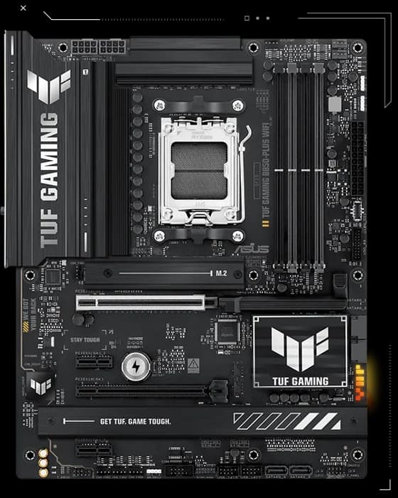 ASUS TUF GAMING B850-PLUS WIFI AMD B850 AM5 DDR5 6400 DP HDMI 3X M2 USB3.2 AX WİFİ BT AURA RGB 2.5GBİT LAN ATX 128GB A KADAR RAM DESTEĞİ ASUS TUF PROTECTION ARMOURY CRATE