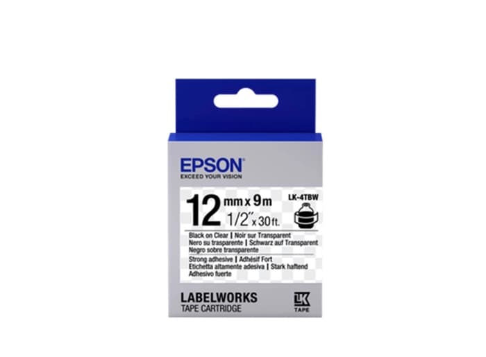Epson LK-4TBW Güçlü Yapışkanlı Şeffaf Üzeri Siyah 12mm 9Metre Etiket
