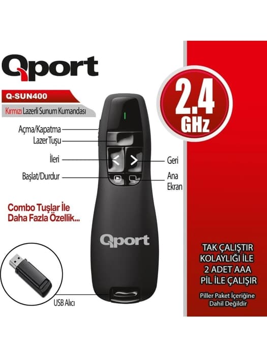 QPORT Q-SUN400 2.4 GHZ USB KIRMIZI LAZERLİ SUNUM KUMANDASI - PRESENTER