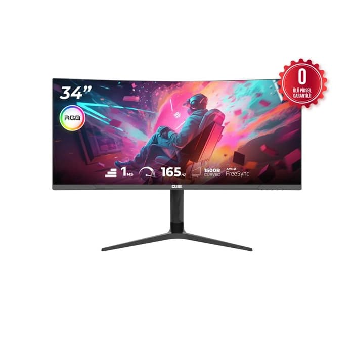 CUBE 34 PA-34V165C VA 1MS 165HZ HDMI DP TYPE-C USB 2K WQHD 3440X1440 FREESYNC CURVED YUKSEKLIK AYARI VESA RGB SIYAH GAMI