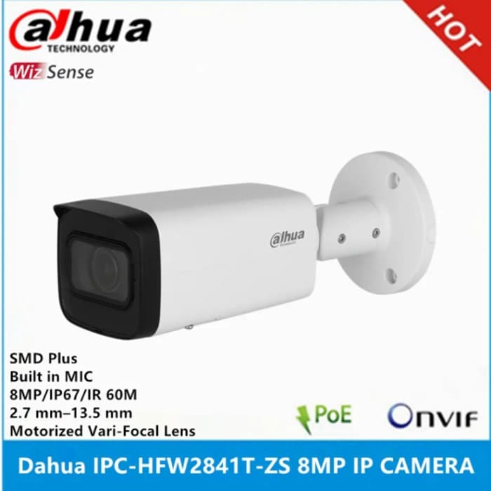 DAHUA IPC-HFW2841T-ZAS-27135, 8Mpix, 2,7-13,5mm Motorize Lens, H265+, 80Mt Gece Görüşü, Dahili Mikrofon, Starlight, IP67,  PoE Bullet IP Kamera