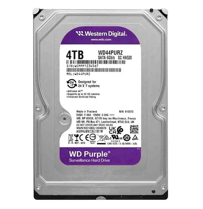 Wd Purple WD44PURZ 4Tb 3.5 Sata3 5400RPM 128MB 7/24 Güvenlik Diski