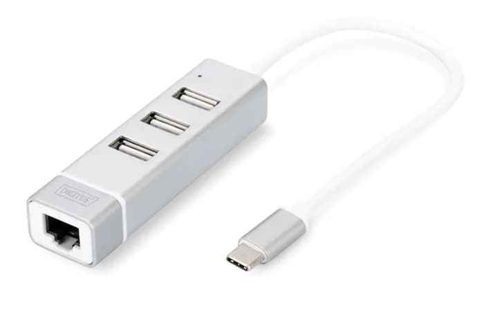 DA-70253 Digitus 3 port USB Tip C Hub &amp; Fast Ethernet LAN Adaptörü, 3 x USB A/Diş (USB 2.0), 1 x RJ45 Dişi (10/100), 1 x USB Tip C (bilgisayar bağlantısı), alüminyum