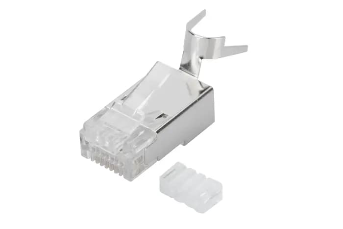 AK-219604 CAT 6A/CAT 7 Modüler Konnektör, 8P8C,  AWG 22 - 23 kablo için, kablo yük taşıyıcılı (insert load bar), kılavuz (guide plate) dahil