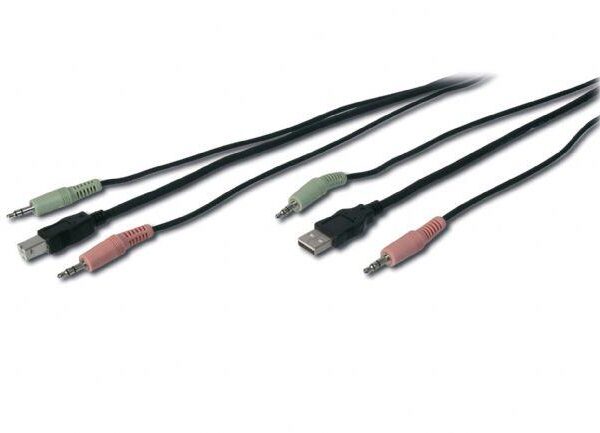 AK 82201 KVM Switch için Ses + USB Kablo Seti, 2 x 3,5 mm Erkek; USB A Erkek <-> 2 x 3,5 mm Erkek; USB B Erkek, siyah renk, 1,80 metre