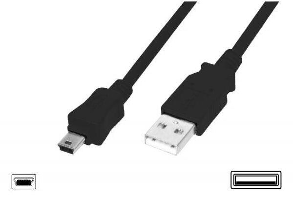 AK-300108-010-S USB 2.0 Bağlantı Kablosu, USB A Erkek - USB mini B (5 pin) Erkek, 1 metre, AWG 28, USB 2.0 uyumlu, UL, siyah renk