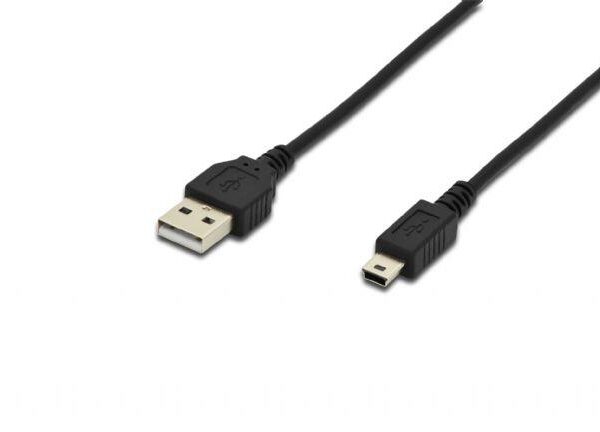 AK-300130-018-S USB 2.0 Bağlantı Kablosu, USB A Erkek - USB mini B (5 pin) Erkek, 1.8 metre, USB 2.0 uyumlu, UL, siyah renk