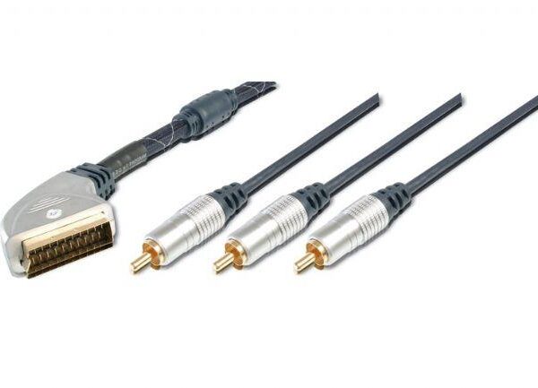 AK-AV 539 Ev Sinema Sistemleri İçin Yüksek Kaliteli Scart Kablosu, Scart 21 pin Erkek <=> 3 x RCA Erkek (1 x görüntü (video için) , 2 x ses (audio için), Ferrite Filtreli, 1.50 Metre