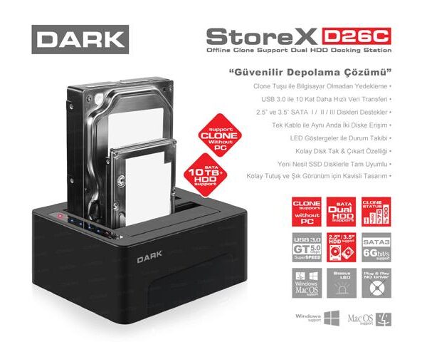 Dark Storex Dk-Ac-Dsd26C, Çiftli 3.5"/2.5" Usb3.0 Sata Disk İstasyonu
