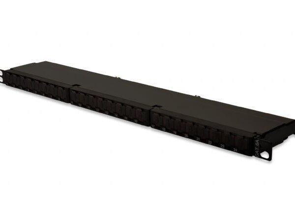 DN-91624S-SL-EA Digitus 24 port CAT. 6A (Category 6A), Class EA Patch Panel, zırhlı (shielded), 0.5U, toz korumalı kapaklı, siyah renk