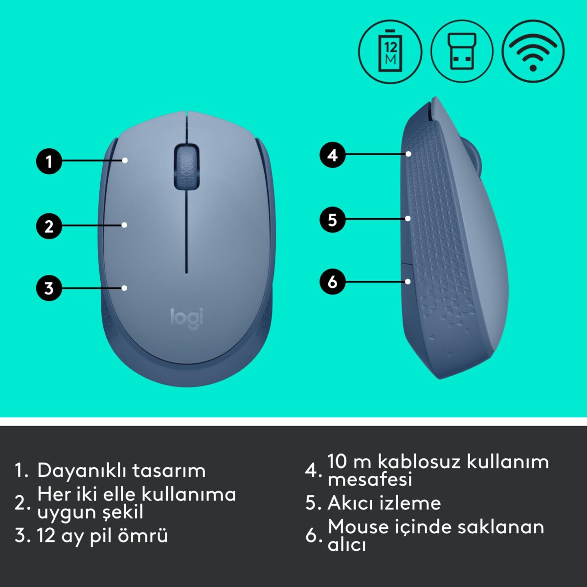 Logitech M171 Kablosuz Mouse Mavi-Gri 910-006866 - Görsel 3